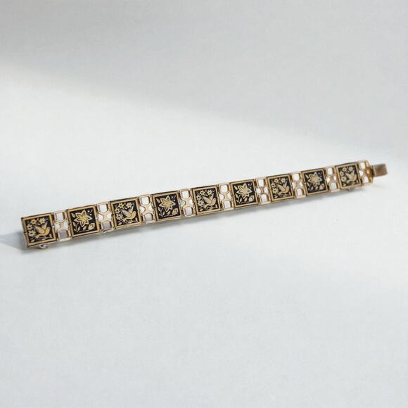Vintage Damascene Square Link Bracelet Bird Floral Gold Black 8" Etched Spain - Picture 3 of 9
